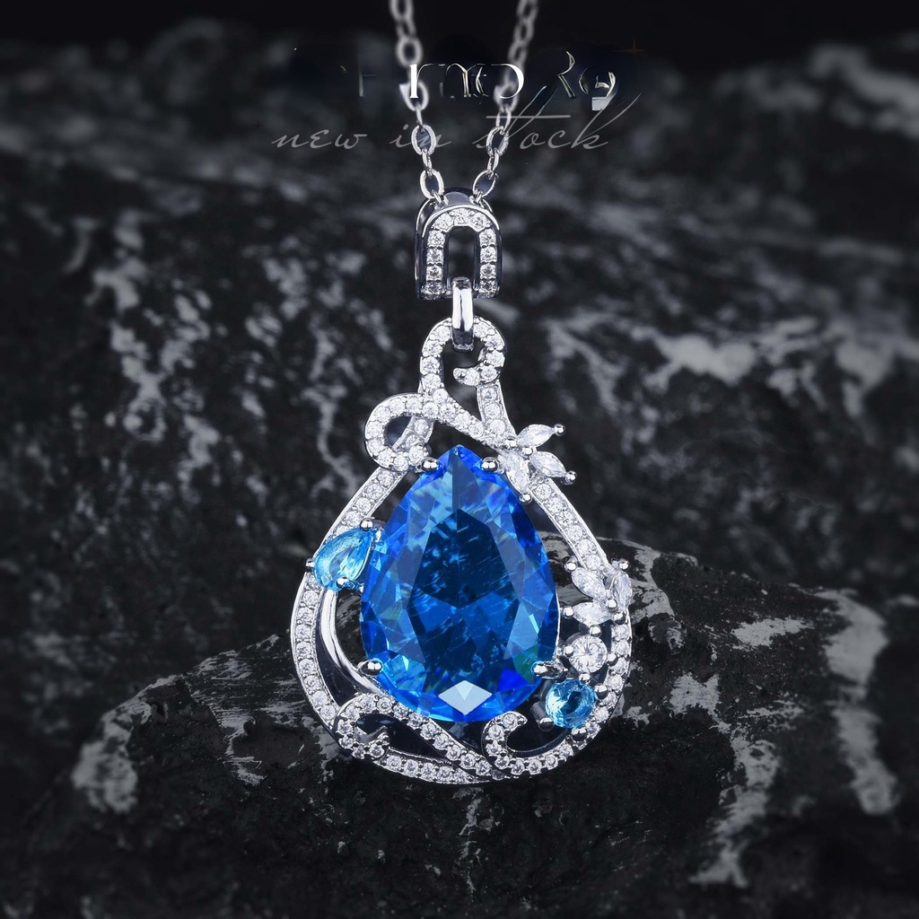 Goldkingdom Fashion Perhiasan Aksesoris Ready StockNew Mewah Full Berlian Bertatahkan Dengan Topaz Biru Swiss Tetesan Air Berbentuk Pir Kalung Karat Besar Imitasi Aquamarine Liontin