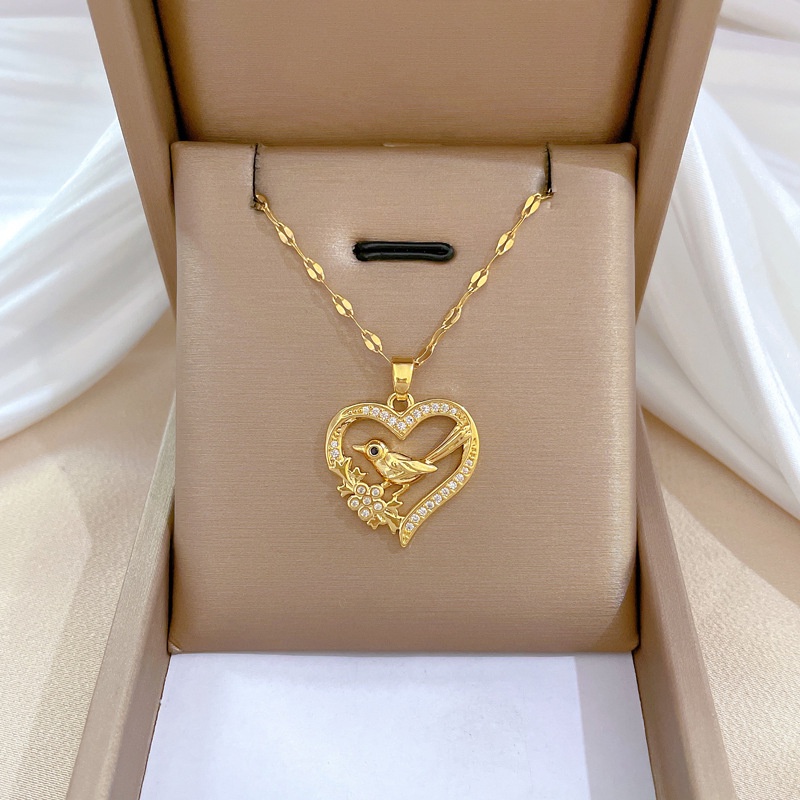 Kalung Titanium Asli Wanita Anti Karat Emas 18K Berlian Beruntung Karakter   Love Bird Aksesoris