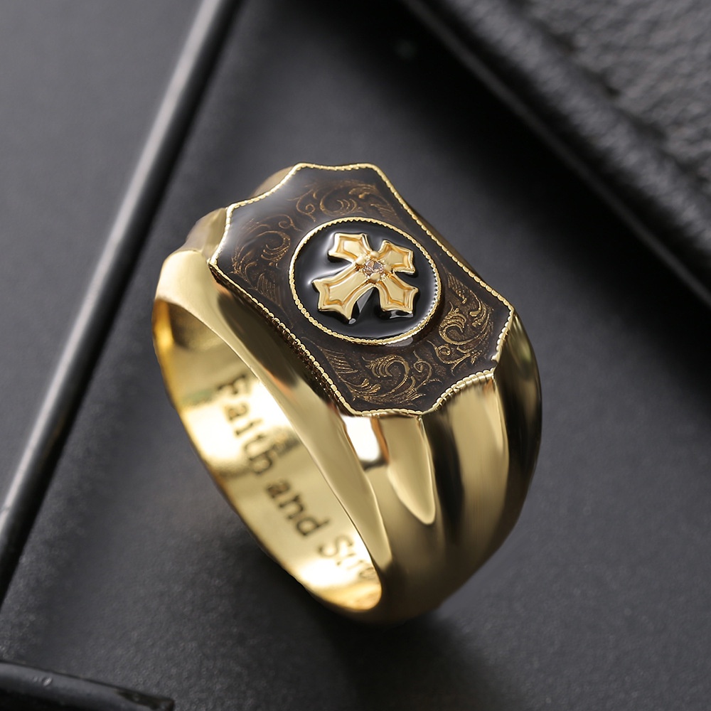 Goldkingdom Fashion Perhiasan Aksesoris Ready Stock Euramerican Kreatif 18 K Emas Asli Kadar 375 Kuning Hitam Batu Akik Salib Iman Dan Kekuatan Pria Cincin