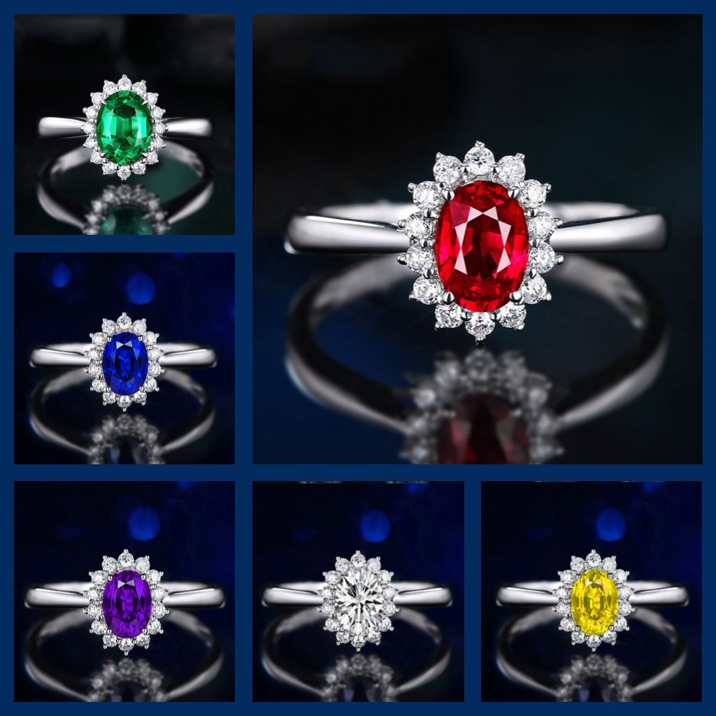 Goldkingdom Fashion Perhiasan Aksesoris Ready Stock Warna-Warni Permata Putri Pertunangan Cincin Klasik Eropa Dan Amerika Penuh Berlian Zirkon Oval Safir Cincin Perempuan