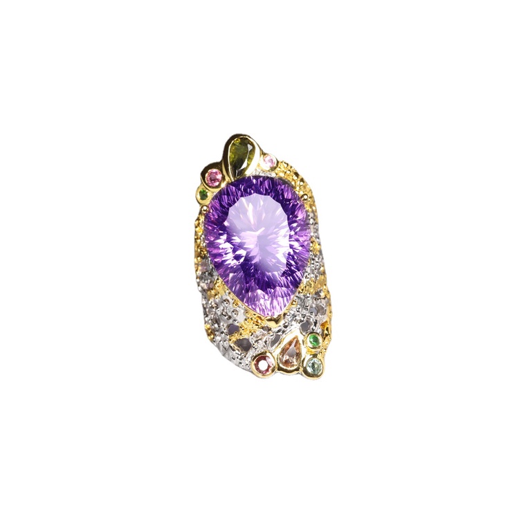 Goldkingdom Aksesoris Perhiasan Fashion Ready Stock Pengerjaan Italia Buatan Tangan Bertatahkan Dengan Batu Permata Berwarna Cincin Super Peri Kupu-Kupu Amethyst Set Kalung Anting Perempuan