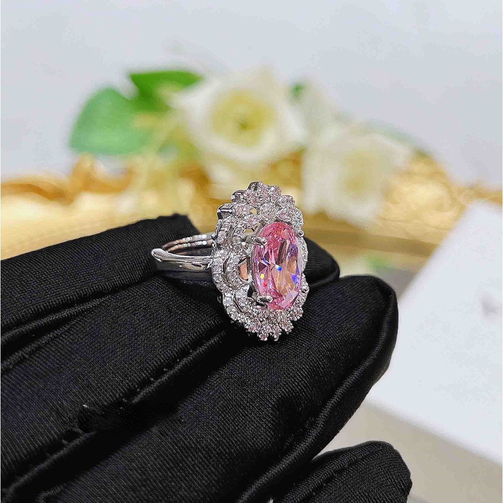 Goldkingdom Aksesoris Perhiasan Fashion Ready Stock Senior Sense Sweet Pink Diamond Mewah Cherry Blossom Pink Adjustable Ring