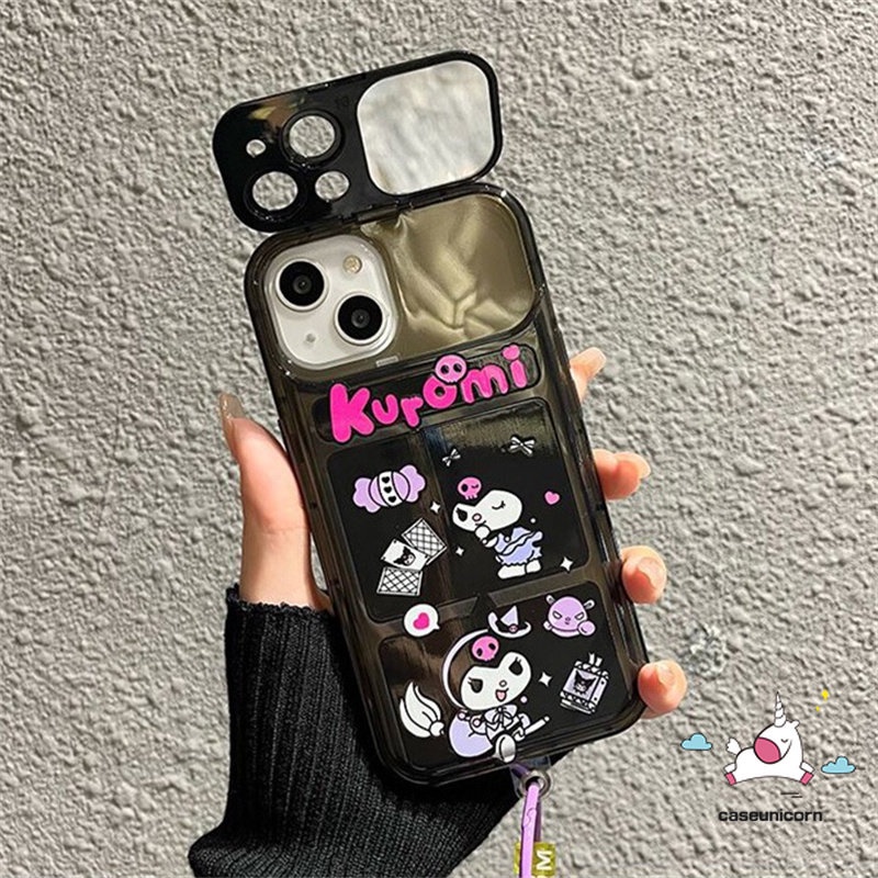 IPHONE Kartun Indah Kuromi Casing Ponsel Kompatibel Untuk Iphone11 12 13 14 Pro MAX XR 7 8 14 Plus X XS MAX SE Lucu Kreatif Flip Make Up Cermin Lembut TPU Silicon Shockproof Case