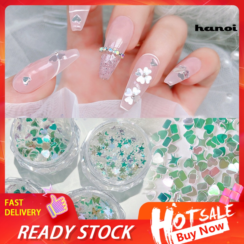 Hi 1kotak Dekorasi Kuku Sparkling Creative Shape Stunning Efek Visual Warna Hidup 6gaya Kupu-Kupu Cinta Hati Kuku Payet Desain Manicure Perlengkapan Kuku