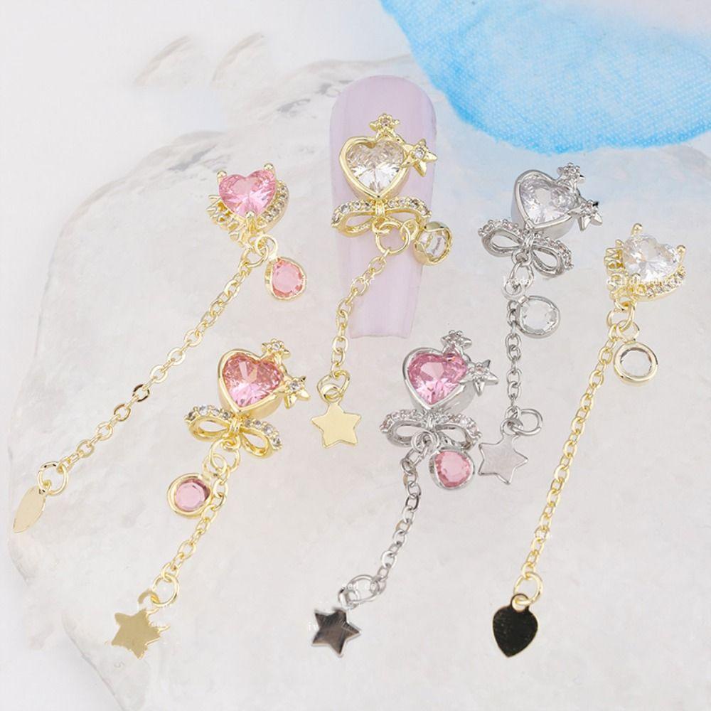 Mxbeauty Manicure Aksesoris Mewah DIY Rantai Love Hati Emas Perak Zirkon Nail Art Dekorasi
