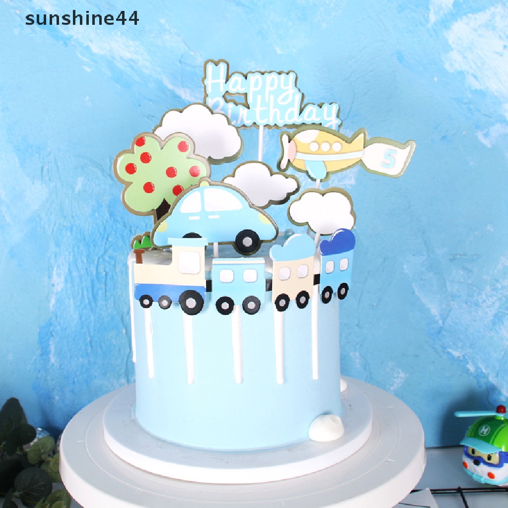 Sunshine Happy Birthday Cake Topper Pilot Pesawat Mobil Pohon Awan Anniversaire Decor Flag ID