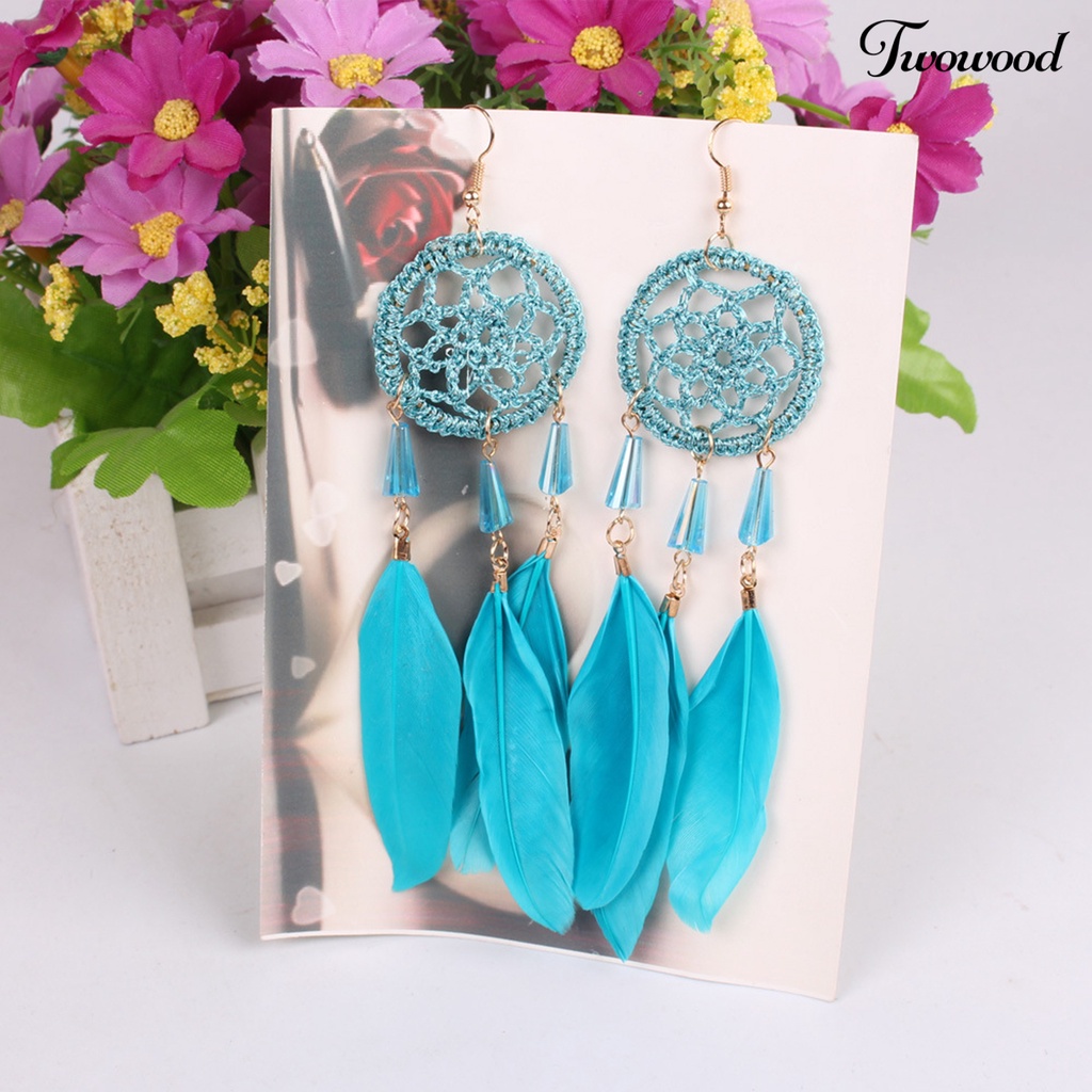 Twowood 1pasang Anting Kait Gaya Etnik Geometris Handmade Liontin Temperamen Dekorasi Aksesori Dreamcatcher Vintage Boho Artificial Bulu Rumbai Anting