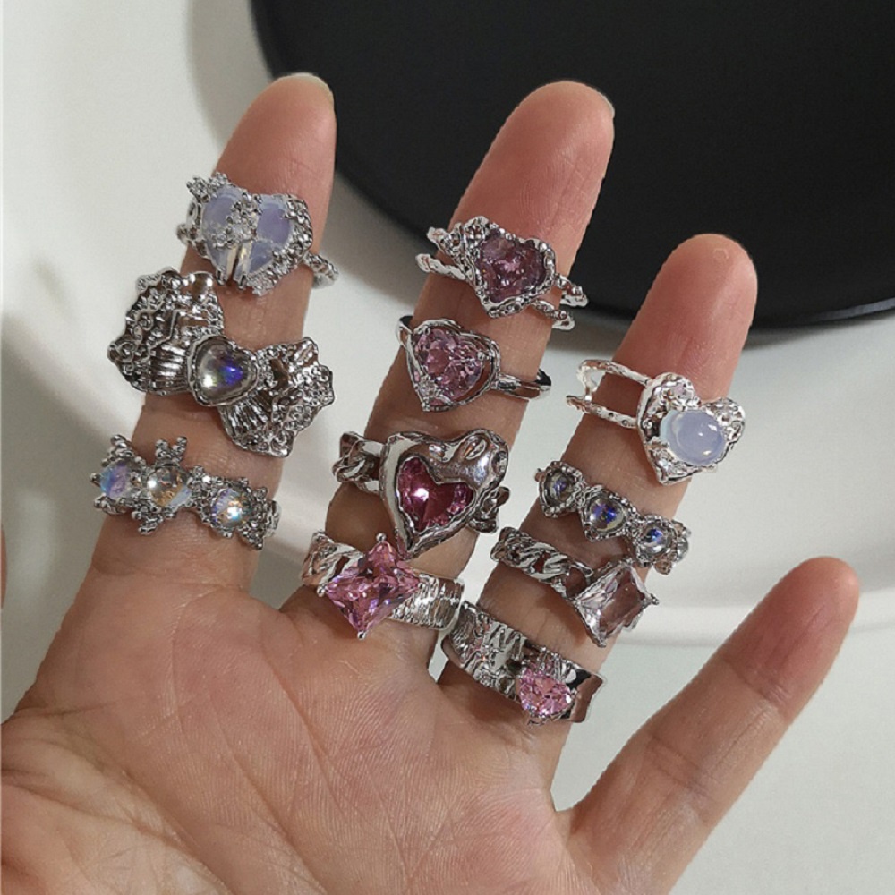 Mewah Batu Permata Perak Cincin Set Untuk Wanita Fashion Opal Jantung Ikatan Simpul Jari Cincin Perhiasan Aksesoris