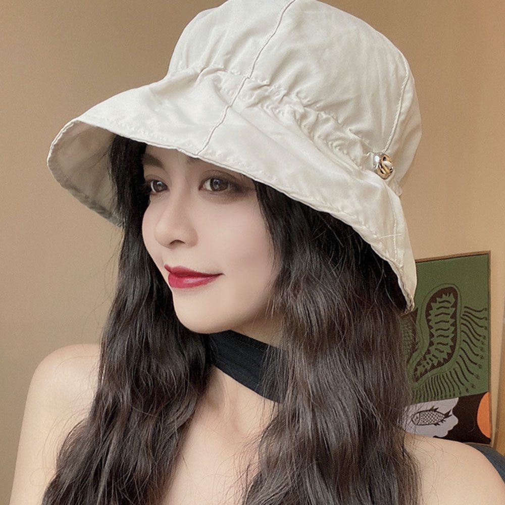 Korea Sederhana Tahan Air Topi Nelayan Serut Wanita Perempuan Pelindung Matahari Traveling Outdoor Bucket Cap