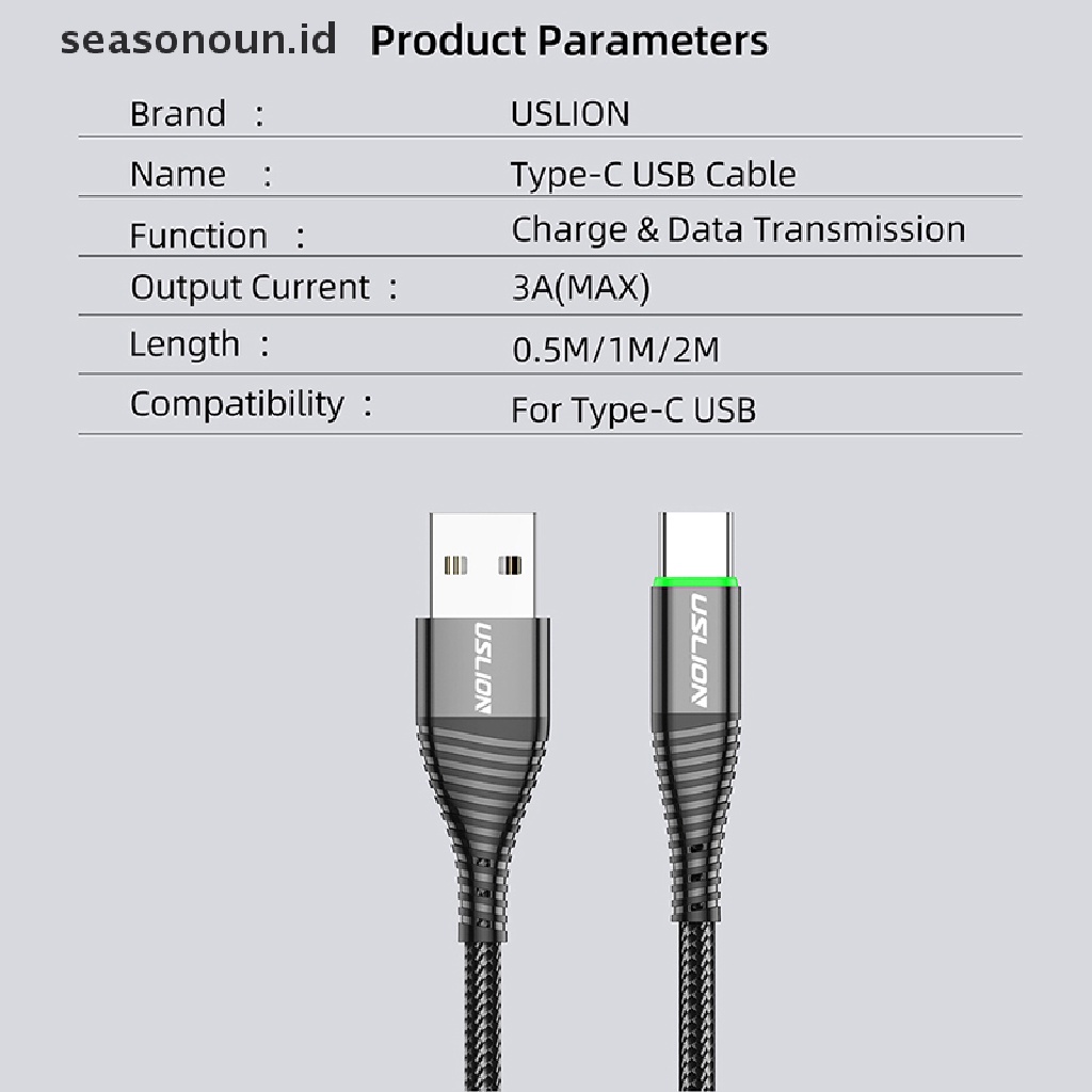 Seasonoun 2M 3A Kabel Data Pengisian Cepat Cahaya Hijau Lampu Led Kawat Pengisian USB Tipe C Perangkat Kabel Data Serat Dikepang Tahan Lama Pengisian Cepat Micro USB Ponsel Charging Wire.