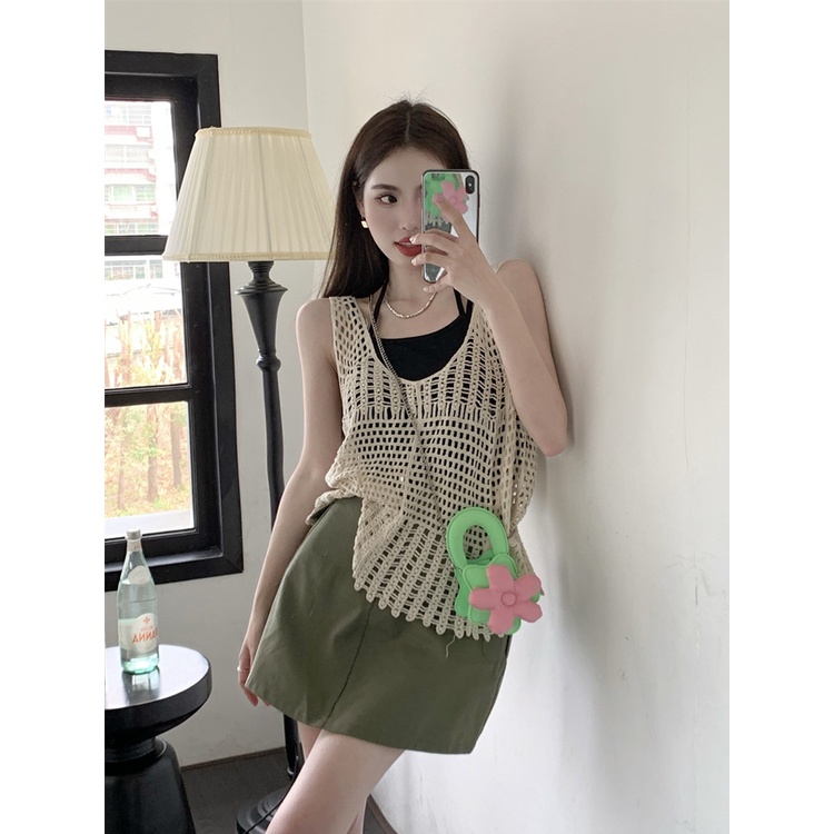 Red Setelan Retro Wanita Tanpa Lengan Berongga Merajut Rompi Overshirt Kecil Yang Indah Sling Musim Panas Ramping Rok Set Tiga Potong