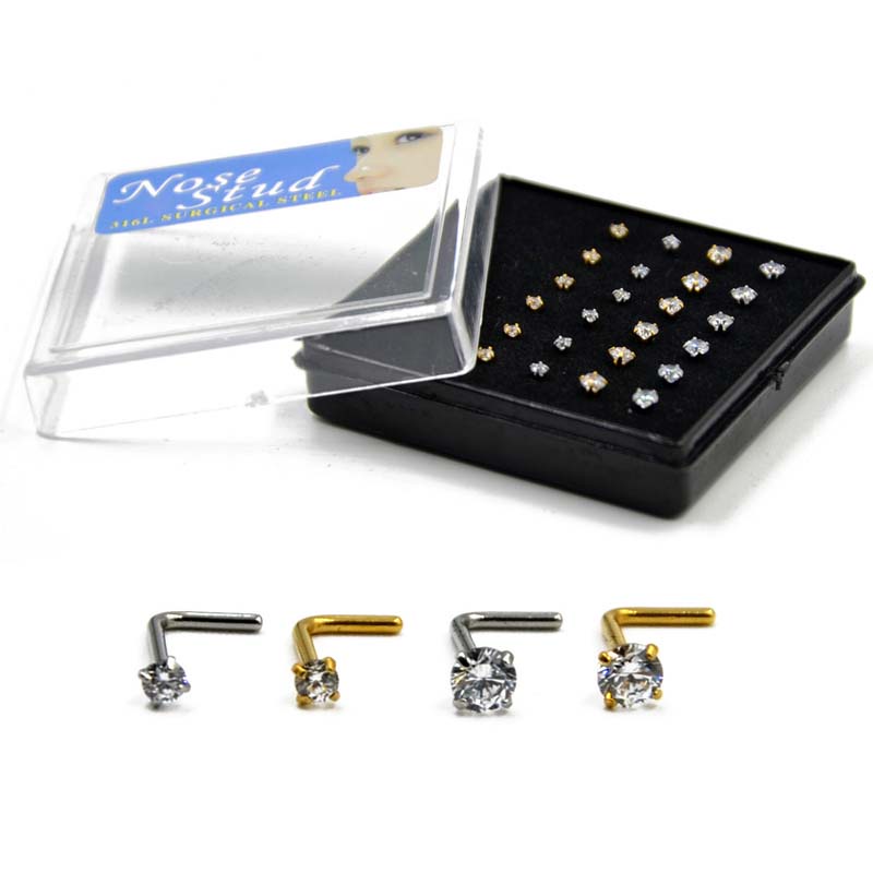 24biji/kotak Bahan Stainless Steel Dengan Tindik Hidung Sekrup Zircon Bentuk L Hypoallergenic