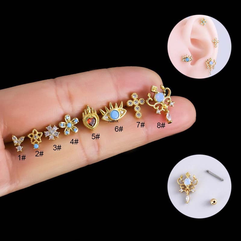 1biji Baru Mata Cross Bentuk Bunga Tulang Rawan Tragus Rook Pinna Helix Piercing 20gauge Stud Earring Stainless Steel Dengan Zircon