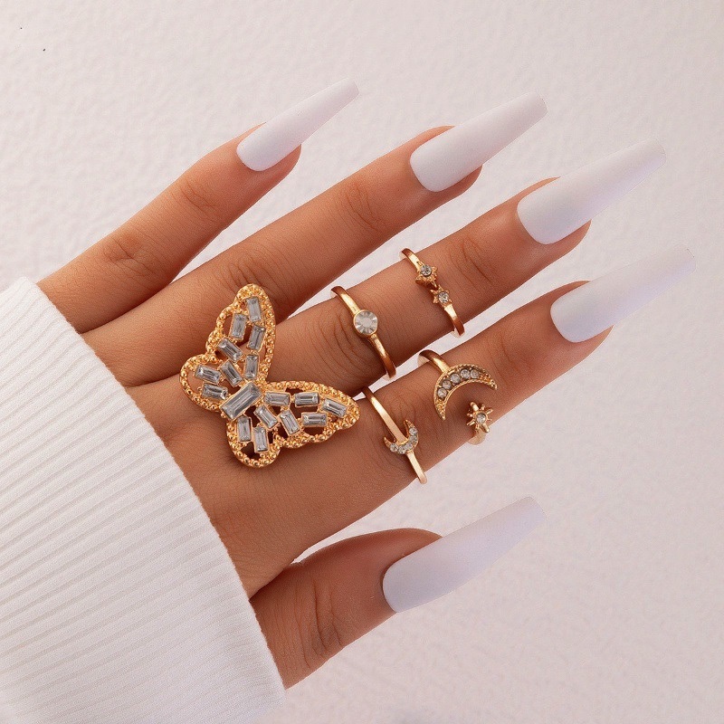 5pcs/set Cincin Terbuka Berlian Kupu-Kupu Fashion/Cincin Bulan Bintang Untuk Perhiasan Pesta Wanita