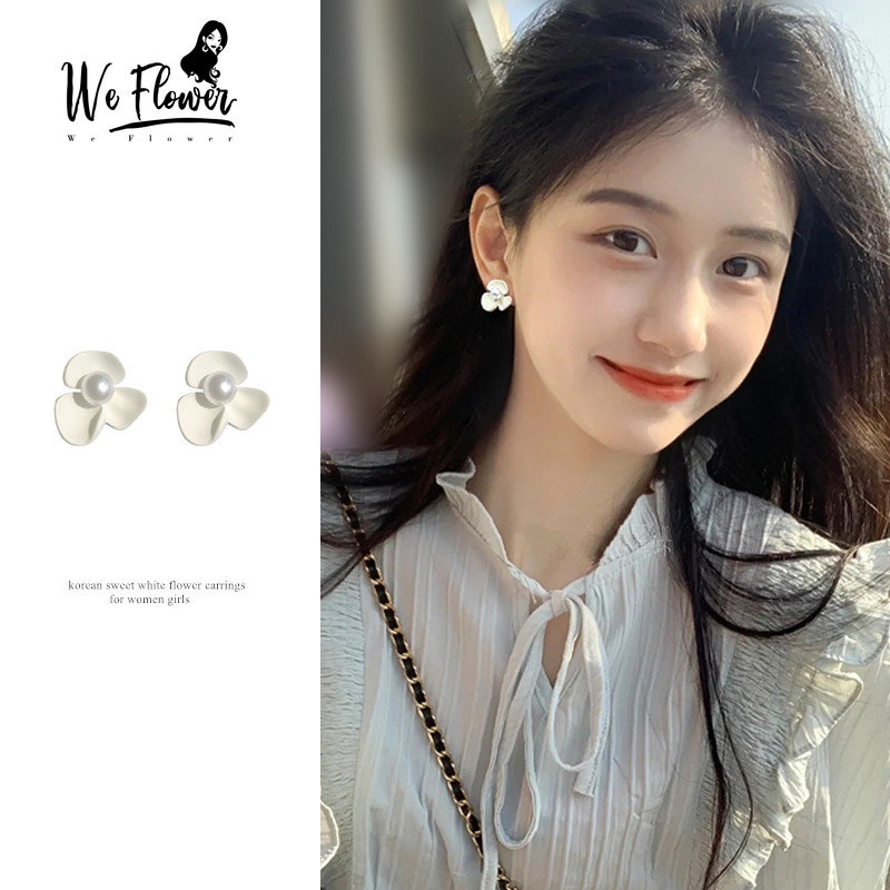 Kami Bunga Korea Putih Manis Mutiara Bunga Stud Anting Untuk Wanita Gadis Vintage Floral Earring Hypoallergenic s925 Perak Telinga Perhiasan Aksesoris