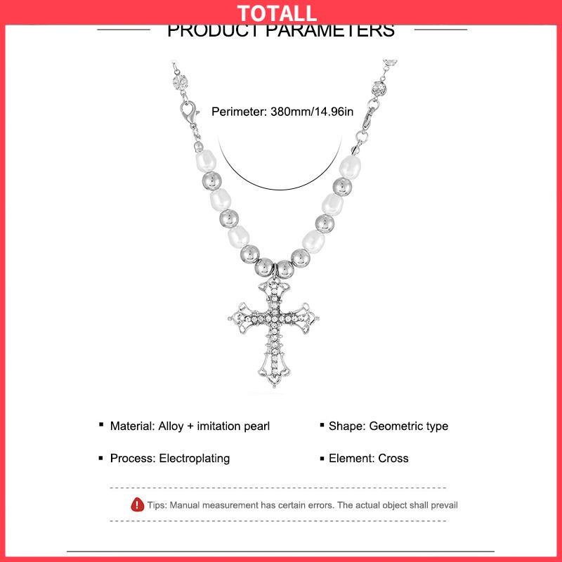 COD Kalung Alloy Vintage Pearl Cross Pendant Punk Sweter Serbaguna Wanita-Totall