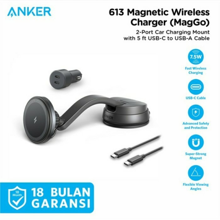 Anker 613 Magnetic Wireless Car Charger MagGo Dual Port USB C - B2930