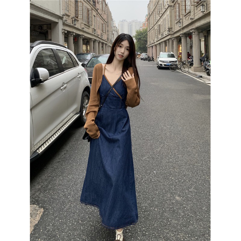 Red Kumikumi retro gaun denim gaya Hong Kong wanita musim semi pinggang pelangsing rok A-line rok suspender mid-length