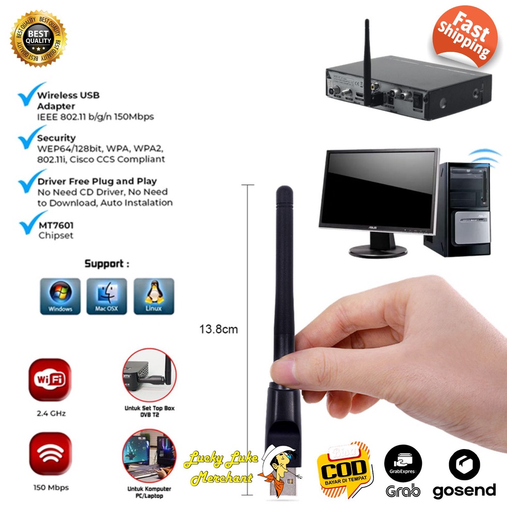 Wifi USB Wi-Fi Wireless Adapter Network Adaptor Dongle 150 Mbps dengan Antena 5dbi  2,4 Ghz Penangka