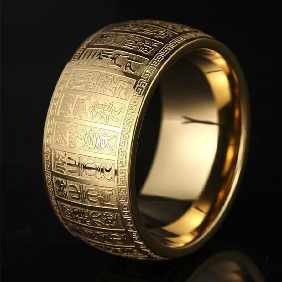 Taoist Seal Body Golden Light Mantra Cincin Delapan Mantra Besar Perlindungan Tubuh Pria Versi Lebar Cincin Cincin Unik Trendi Aksesoris Pria Cincin