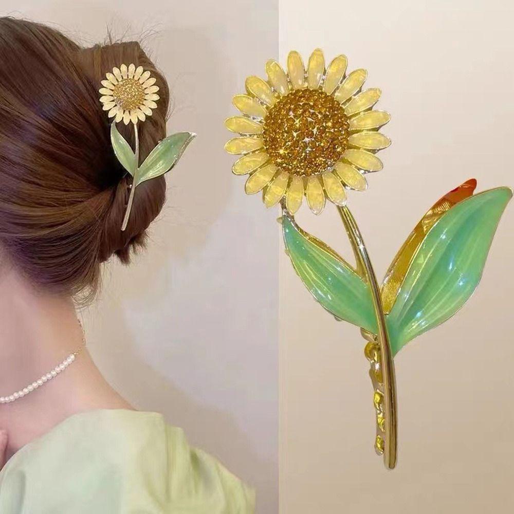 Needway Sunflower Hair Claw Hadiah Untuk Gadis Ins Gaya Hiasan Kepala Rambut Kepiting Klip Zirkon Jepit Rambut Ponytail Holder Besar Hairgrips Fashion Hiasan Kepala Korea Hair Clips