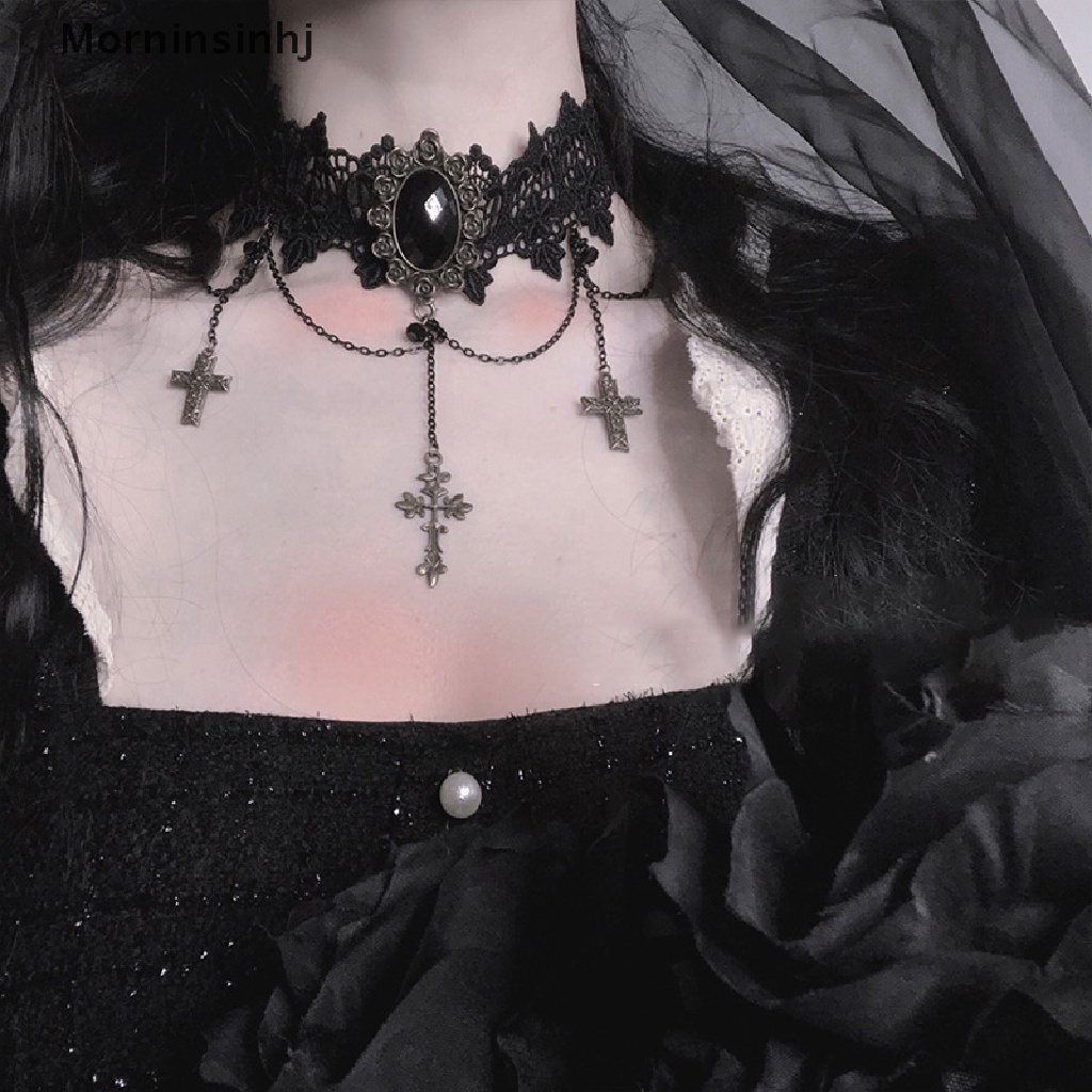 Mornin Gothic Chokers Adjustable Lace Choker Collar Kalung Dengan Salib Vintage Rumbai Rantai Wanita Steampunk Perhiasan Halloween Kostum Halloween id