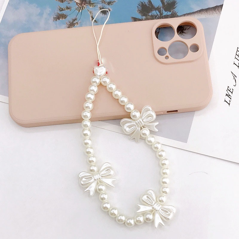 3d Pearlescent Bow Handmade Pearl Beads Chain Universal DIY Tali Anti-Hilang Untuk iPhone Android OPPO VIVO Huawei Xiaomi Redmi Samsung Semua Ponsel Earphone Cases