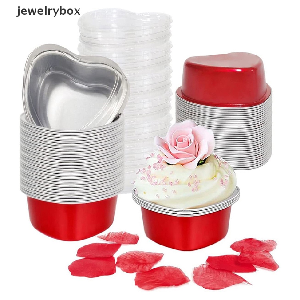 [jewelrybox] 10set 100ml Loyang Kue Aluminium Foil Bentuk Hati Cupcake Cup Dengan Tutup Butik