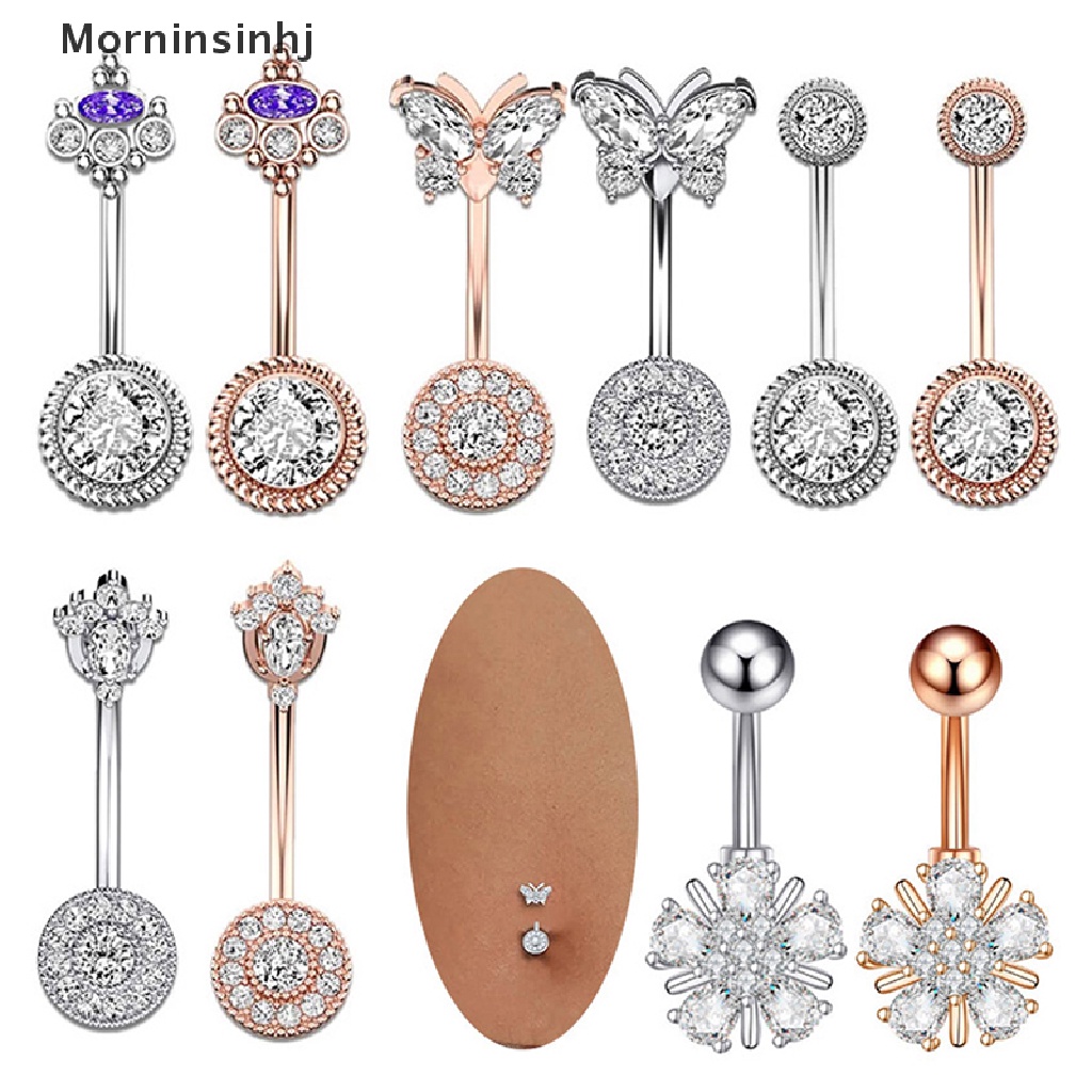 Mornin Stainless Steel Kupu-Kupu Bunga Pusar Cincin Drop Zirkon Seksi Cincin Pusar Pesona Perhiasan Pusar Pusar Pusar Cincin id