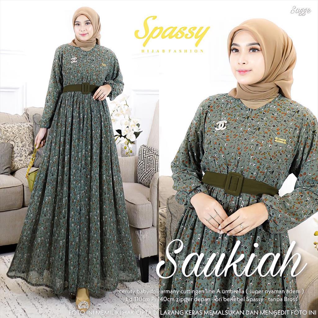 Saukiah Dress Gamis Ceruty Full furing FREE BELT Terbaru 2023 Lebaran Kekinian GTN