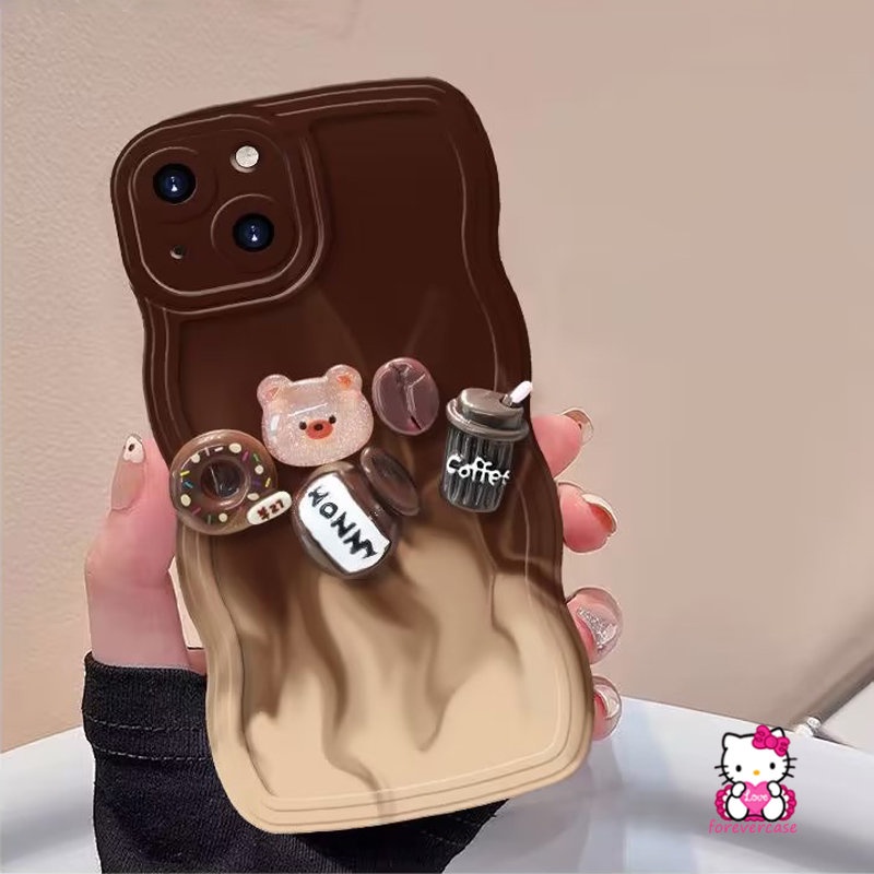 IPHONE Casing Pinggiran Bergelombang Coklat Gradasi Kompatibel Untuk Iphone7 8 Plus XR 11 12 13 14 Pro Max 6 6s X XS Max14 Plus SE 2020 Mainan Kartun 3D Lucu Beruang Kopi Donat Lembut TPU Cover