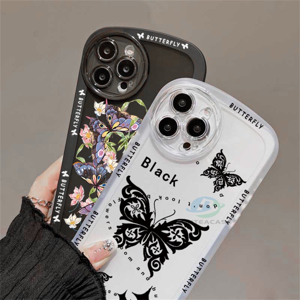 IPHONE Iphone14plus 14 Pro Max12 12PRO 11PRO MAX IPhone11 ProMax X XR XS Max6 6S 7 8 Plus SE 2020 Kupu-Kupu Gelap Dan Garland Butterfly Soft TPU Phone Case Binteacase