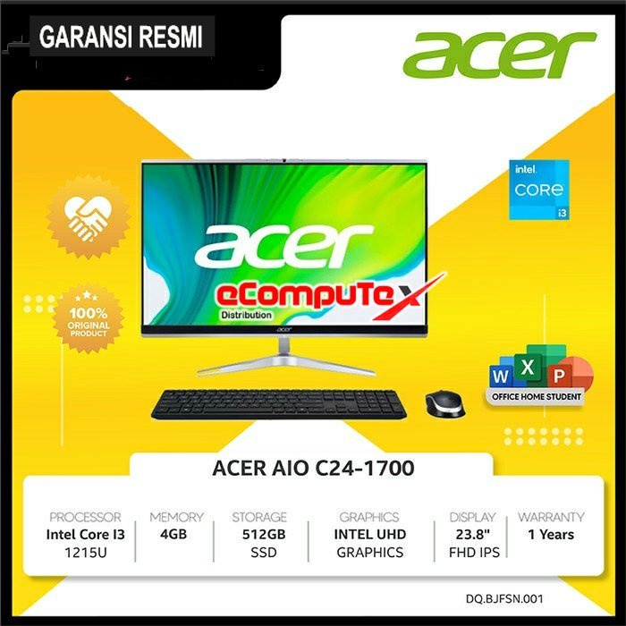 PC AIO ACER ASPIRE C24-1700 INTEL CORE GEN i3-1215U / INTEL UHD GRAPHICS / RAM 4GB 512GB NODVD W11+OHS 23.8&quot; GARANSI RESMI