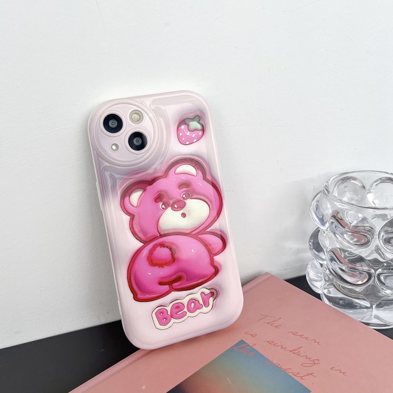 【LOTSO 】Airbag Case for IPhone 6S 7 8 Plus XR XS Max IPhone 11 12 13 14 Pro Max 14 Plus 7+ 8+ Silicone Soft Case Cute Strawberry Cartoon Bear