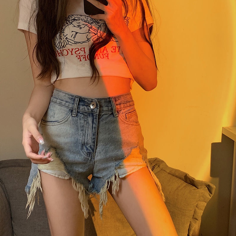 Red Gaya Amerika celana pendek denim robek wanita musim panas bagian tipis pinggang tinggi ramping hot gadis tas pinggul raw edge sexy a-line hot pants