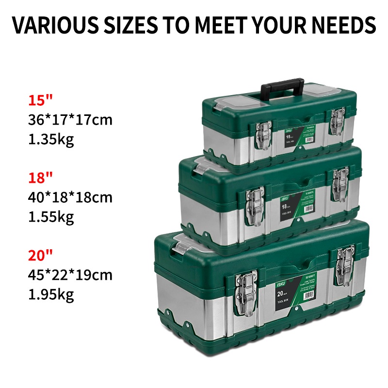 ISKU Tool box Besar stainlees 15 18 20 inch tahan lama toolbox kotak peralatan perkakas besi tahan karat alat box