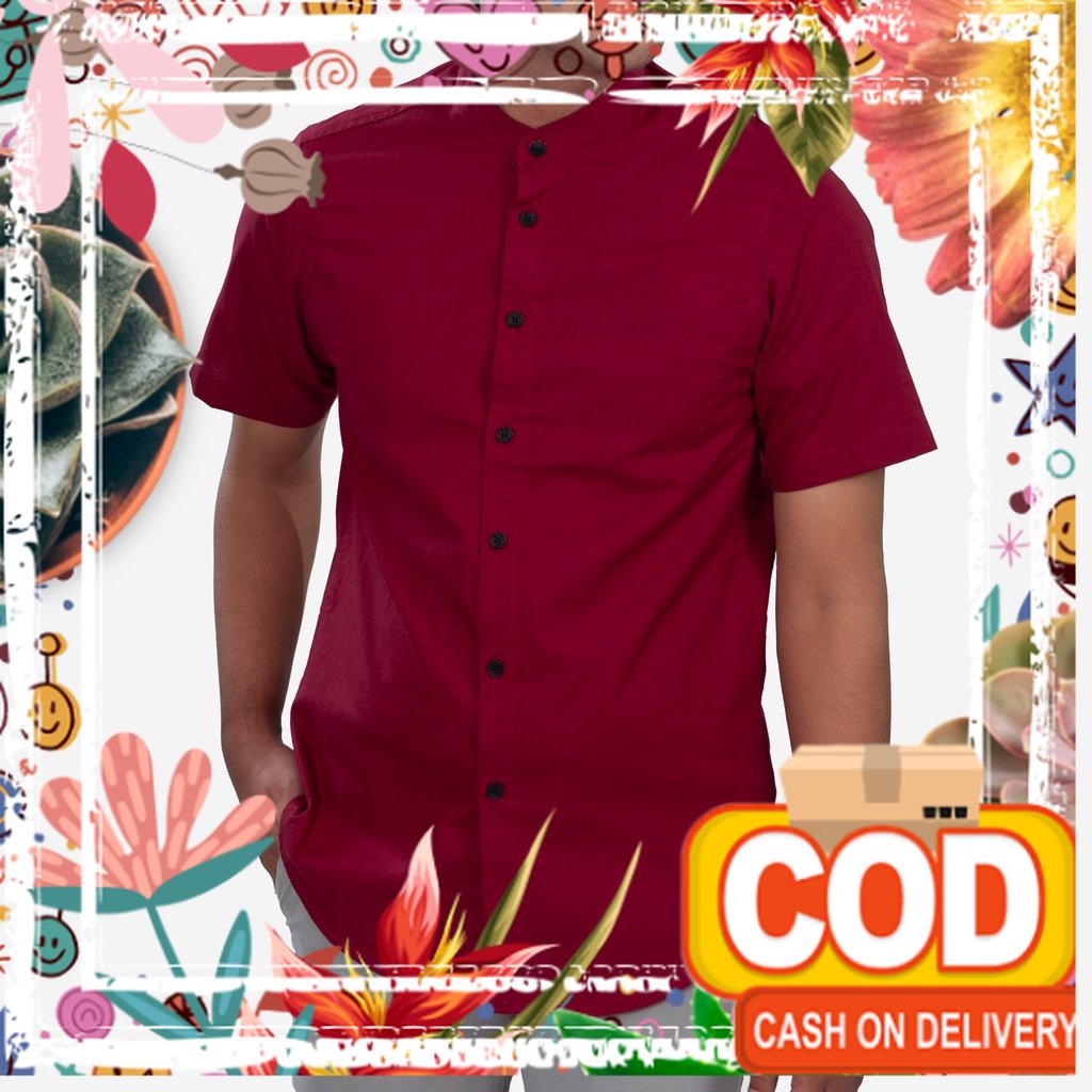 New 3925 Baju Kemeja Koko Pria Shanghai Slimfit Grandad Merah Maroon SImple Polos Unisex Distro / lo