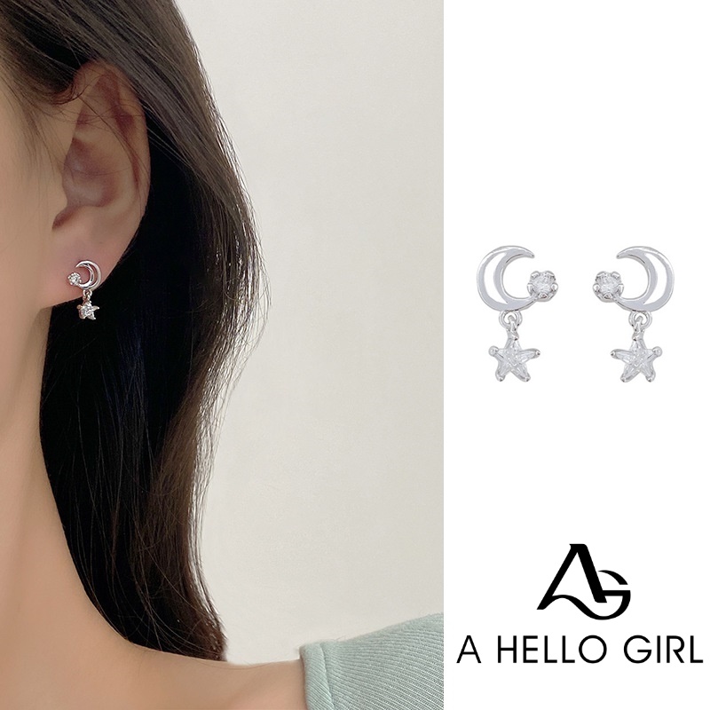 Anting 925 Silver Needle Bentuk Bintang Dan Bulan Aksen Zircon Gaya Korea Untuk Wanita
