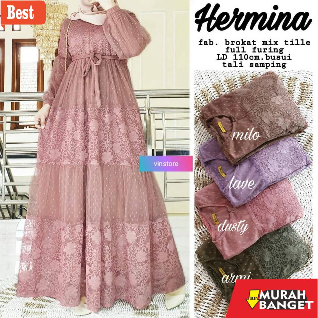 Tren baju lebaran wanita 2023- gamis tiledot HQ mix brokat model susun