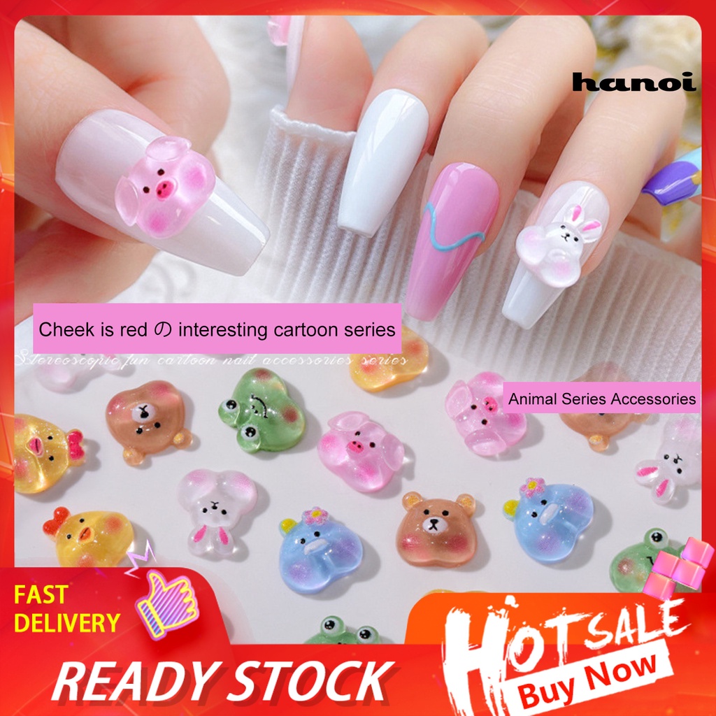 Hi 10Pcs Dekorasi Kuku Hewan Dengan Warna Gradasi Blush Resin Tiga Dimensi Belakang Datar Kartun Bunny Bear Nail Art Decors Untuk Salon Kuku