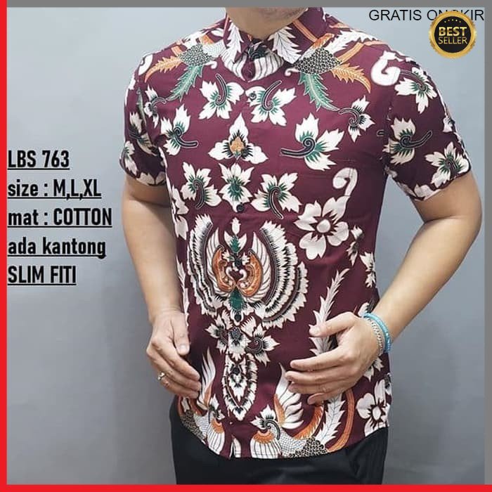 KEMEJA PRIA BATIK LENGAN PENDEK HEM BAHAN KATUN HALUS 40S LBS 763 BAJU MODERN MEWAH SLIMFIT SLIM FIT BY  JAKARTA