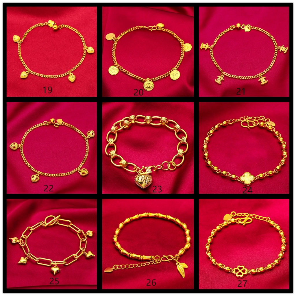 Goldkingdom Aksesoris Perhiasan Fashion Ready Stock Minimalis Lapis Emas 24k Gelang Wanita Cinta Manik-Manik Emas Bulat Merek Liontin Gelang Tipis