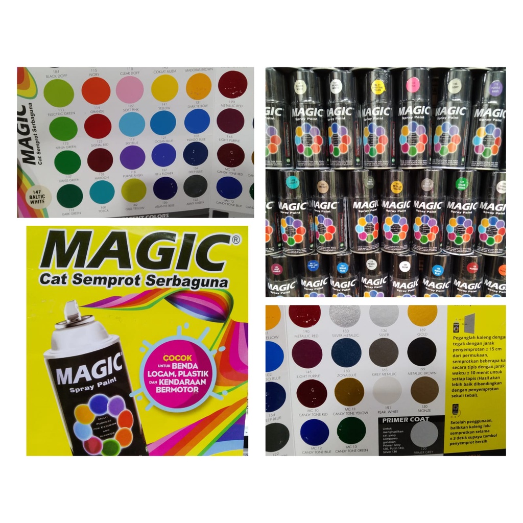 1. Pilok pilox cat spray semprot magic 300cc by difan paint/diton magic black doff 184 clear pernish 101 poxy epoxy primer 120 dark yellow purple angel metallic black white  140 green hijai