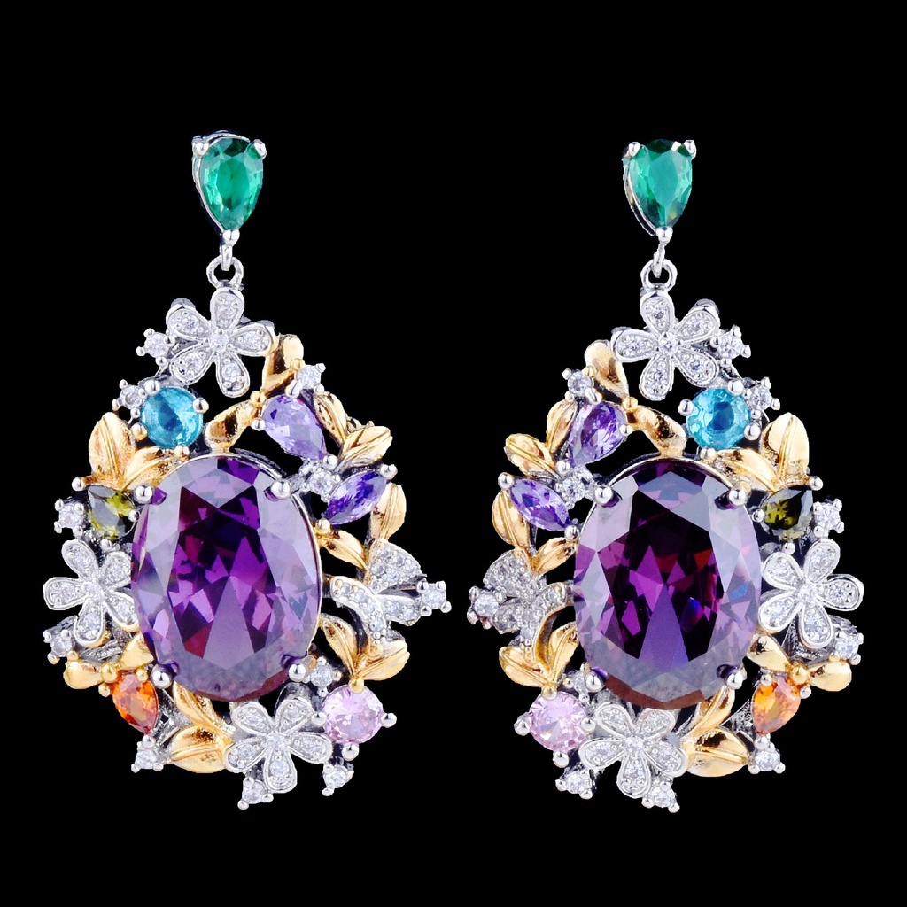 Goldkingdom Fashion Perhiasan Aksesoris Ready Stock Italia Duawarna Kerajinan Emas Asli Kadar 375 Rahasia Taman Liontin Mewah Penuh Berlian Amethyst Cincin Bunga Terang Anting