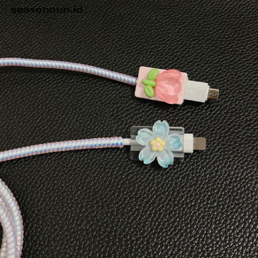 Seasonoun Untuk Kabel Charger USB Bite Data Line Cord Case Bunga Warna-Warni Lembut TPU Cover.