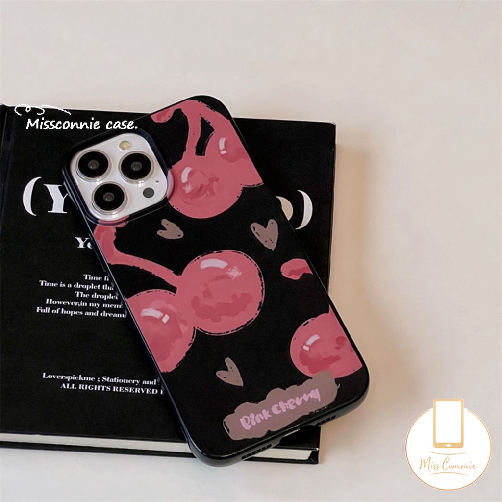 IPHONE Kartun Pink Cherry Gadis Keren Casing Ponsel Hitam Kompatibel Untuk Iphone11 14 13 12 Pro Max 7plus XR 78 Plus X XS Max SE 2020 Lucu Cinta Hati Smiley Shockproof Glossy Soft Cover