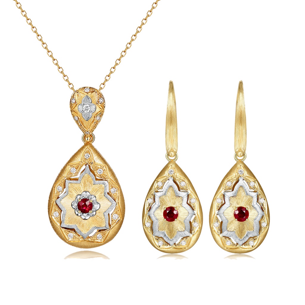 Goldkingdom Fashion Perhiasan Aksesoris Ready Stock Itali Bratti Ruby Liontin Perempuan Retro Istana Digambar Berlian Merah Kait Anting Kalung Set.