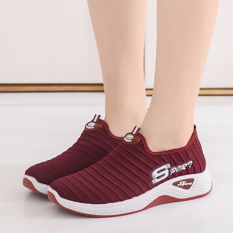 LV0097 Sepatu Slip On Wanita Sepatu Rajut Wanita Import Polos Sepatu Sport Wanita-MAROON