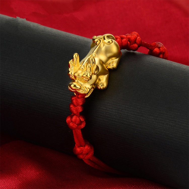 Goldkingdom Aksesoris Perhiasan Fashion Ready Stock Gelang Emas Asli Kadar 375 Imitasi 3D, Gelang Pixiu Lapis Emas Asli Kadar 375, Tali Merah Keberuntungan, Pria Dan Wanita, Manik-Manik Emas Asli Kadar 375 Euro