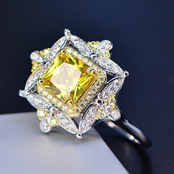 Goldkingdom Aksesoris Perhiasan Fashion Ready Stock Cincin Putri Berlian Kuning Yang Mengacu Cincin Tunangan Perhiasan Perak Pesta